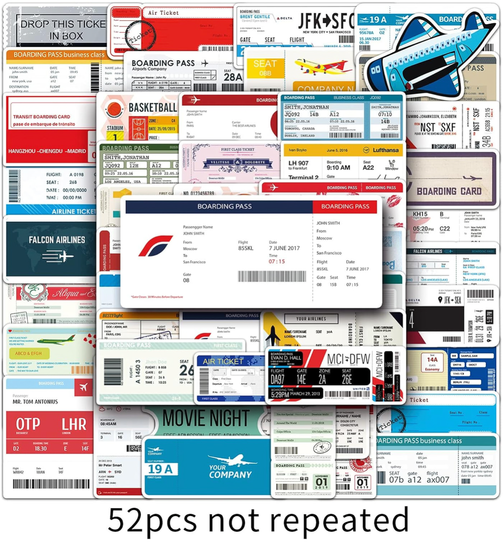 50 Pcs Airline Boarding Pass no – Travel-Themed Vinyl Decals