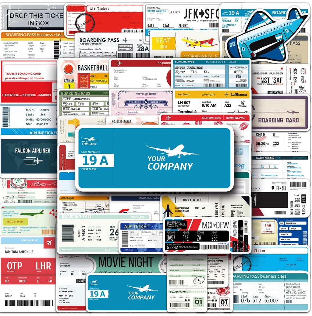 50 Pcs Airline Boarding Pass no – Travel-Themed Vinyl Decals