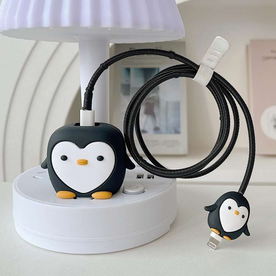 Cute Penguin Silicone Charger Cover & Cable Protector Set Compatible with 18W/20W USB-C Power Adapter | 360° Charger Protection Case