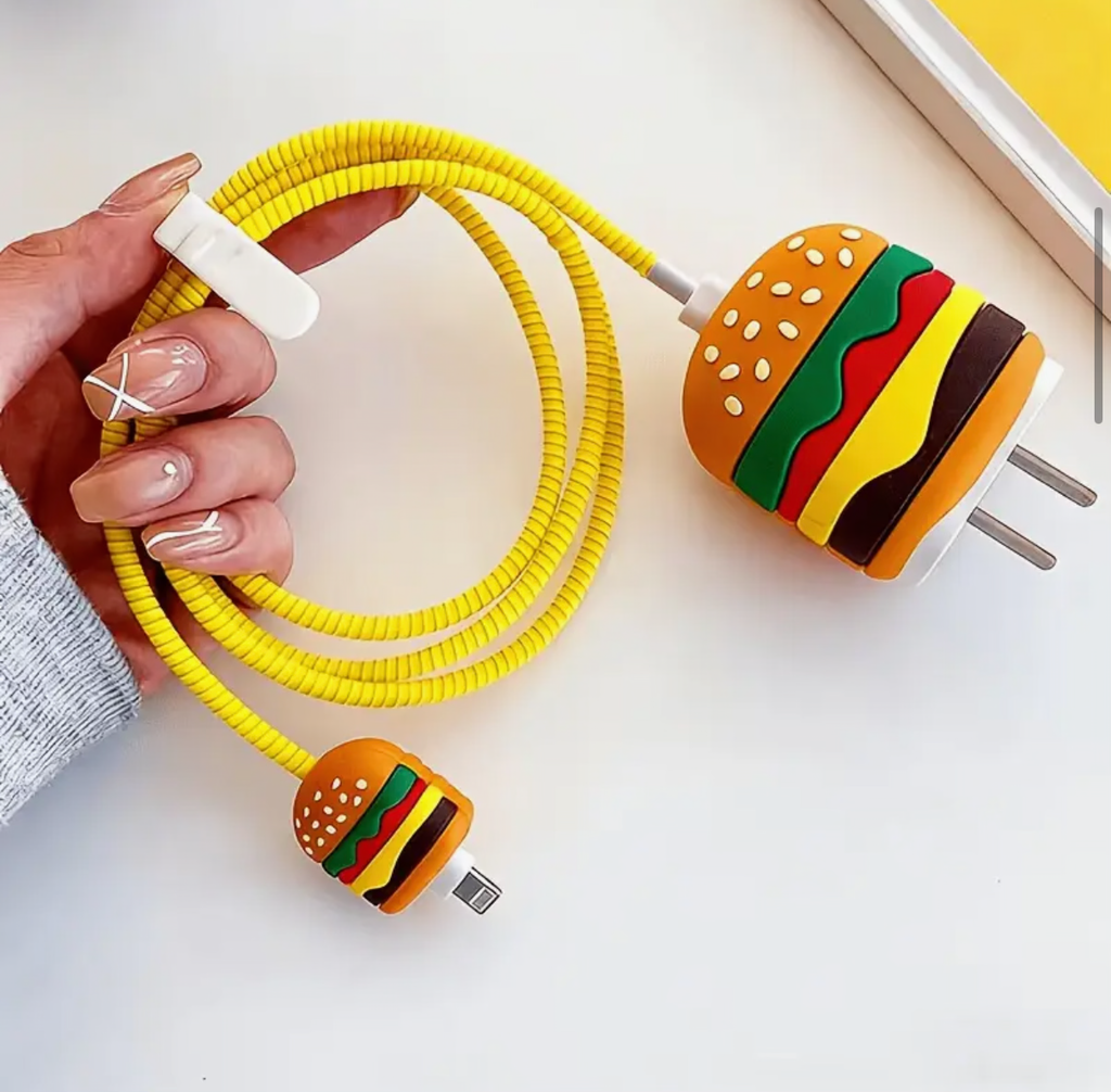 Burger iPhone 18W / 20W Charger Adapter Cover & Cable Protector Set – Cute burger themed Silicone Case