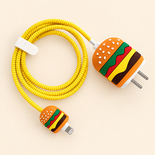 Burger iPhone 18W / 20W Charger Adapter Cover & Cable Protector Set – Cute burger themed Silicone Case