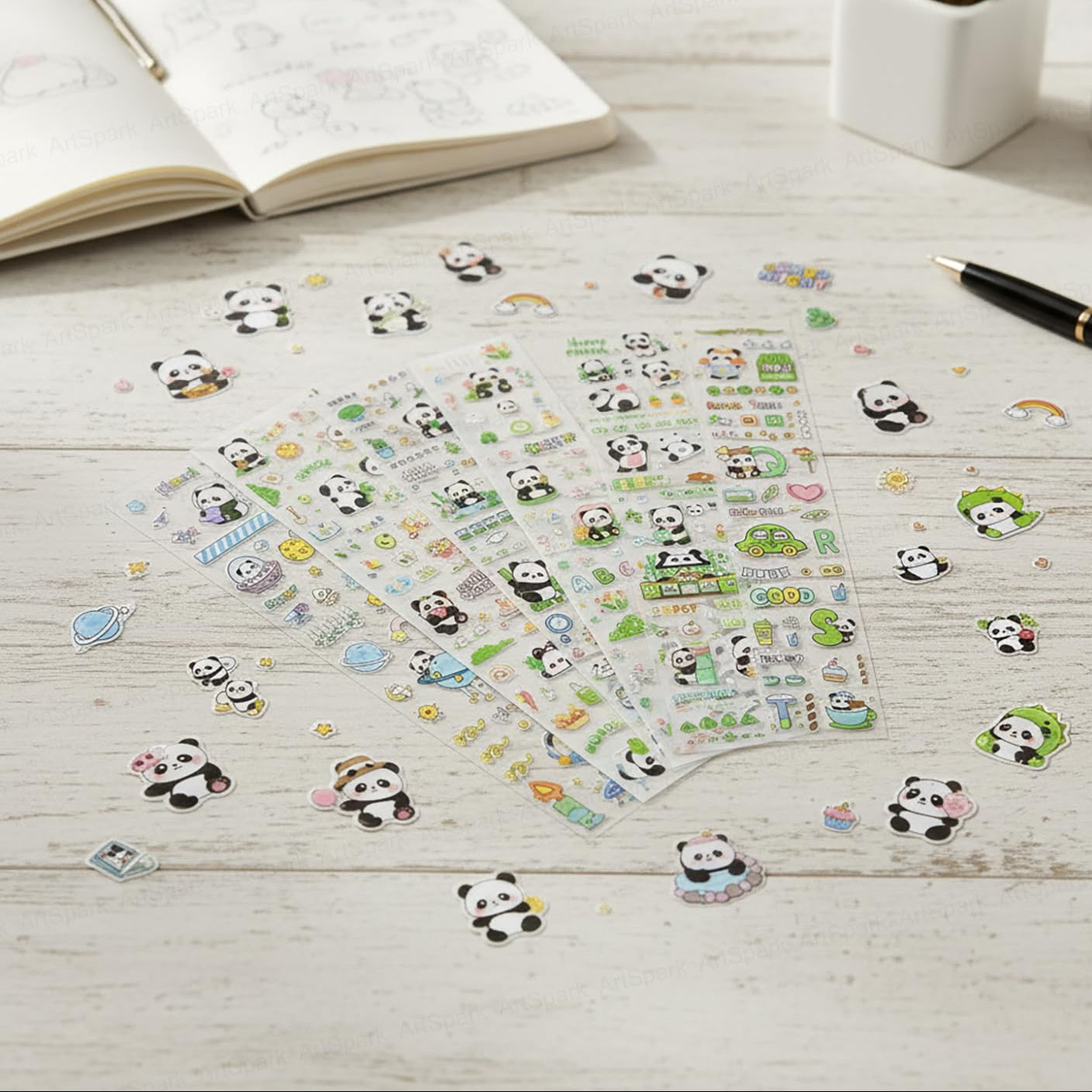 Panda PET Sticker Sheets ( 1 pack of 1000+ Kawaii Stickers)