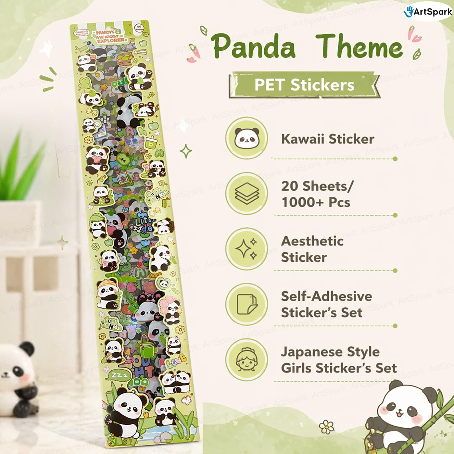 Panda PET Sticker Sheets ( 1 pack of 1000+ Kawaii Stickers)