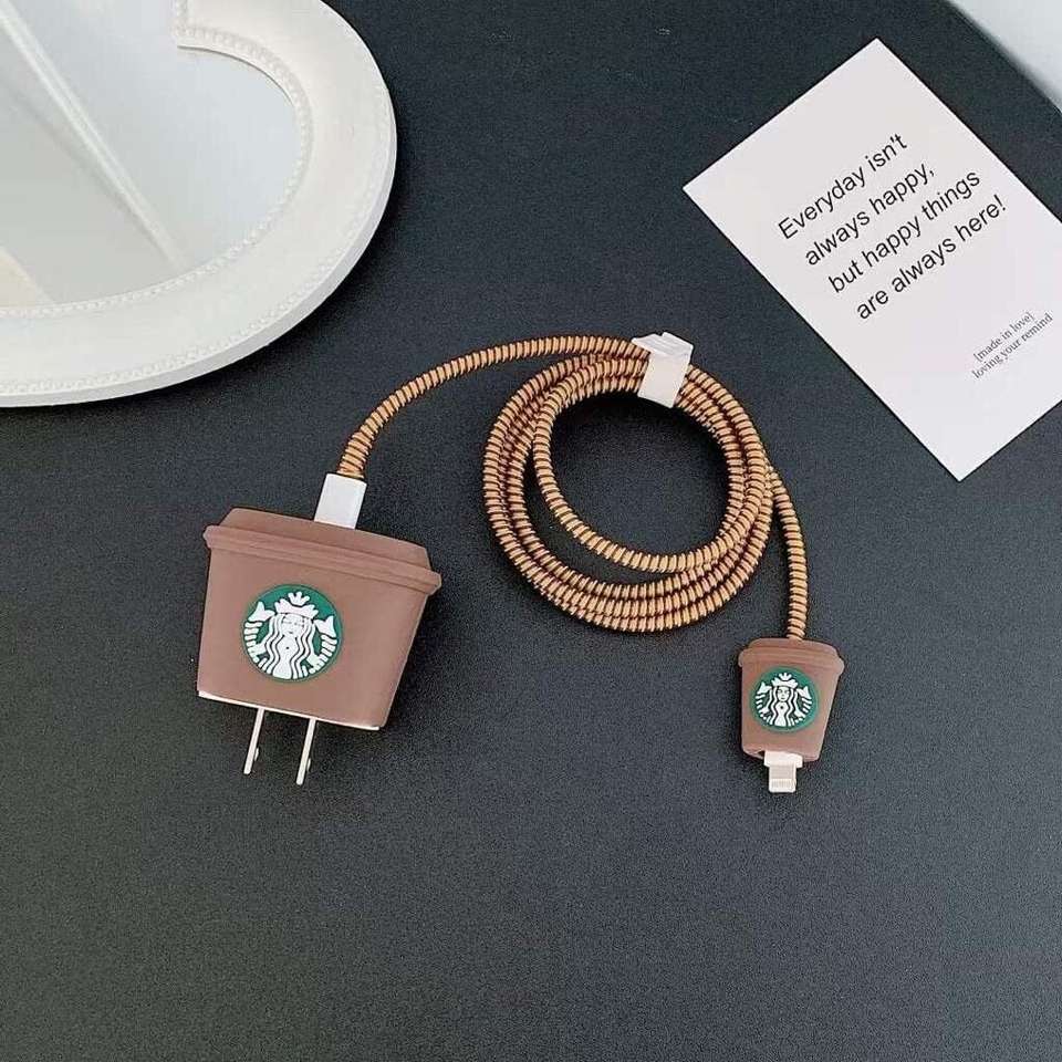 iPhone 18W & 20W Charger Protector with 3D Cute Starbucks Pattern and Wire Protector for Lightning Cable - Charger Protective Cover, Protection Sleeve, Cord Saver