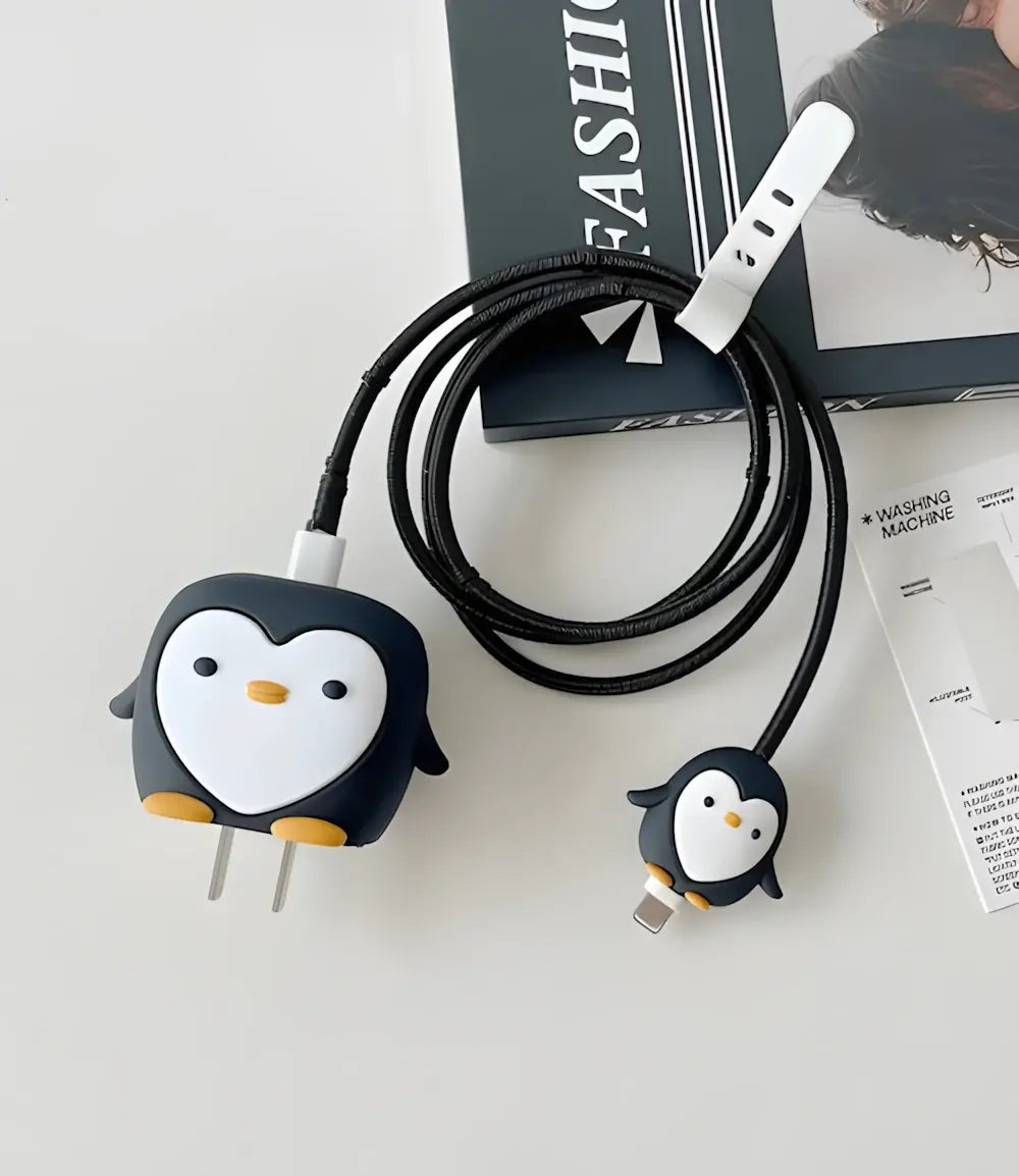 Cute Penguin Silicone Charger Cover & Cable Protector Set Compatible with 18W/20W USB-C Power Adapter | 360° Charger Protection Case