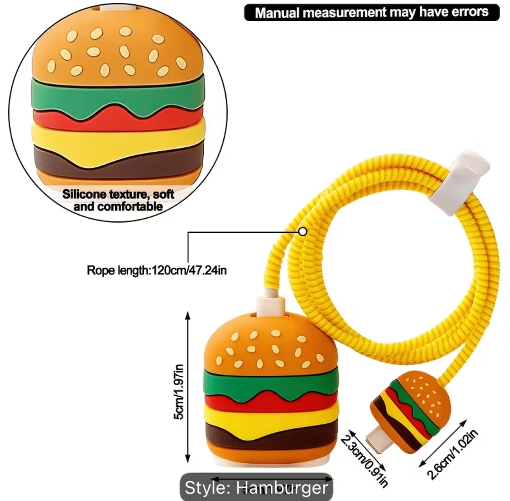 Burger iPhone 18W / 20W Charger Adapter Cover & Cable Protector Set – Cute burger themed Silicone Case