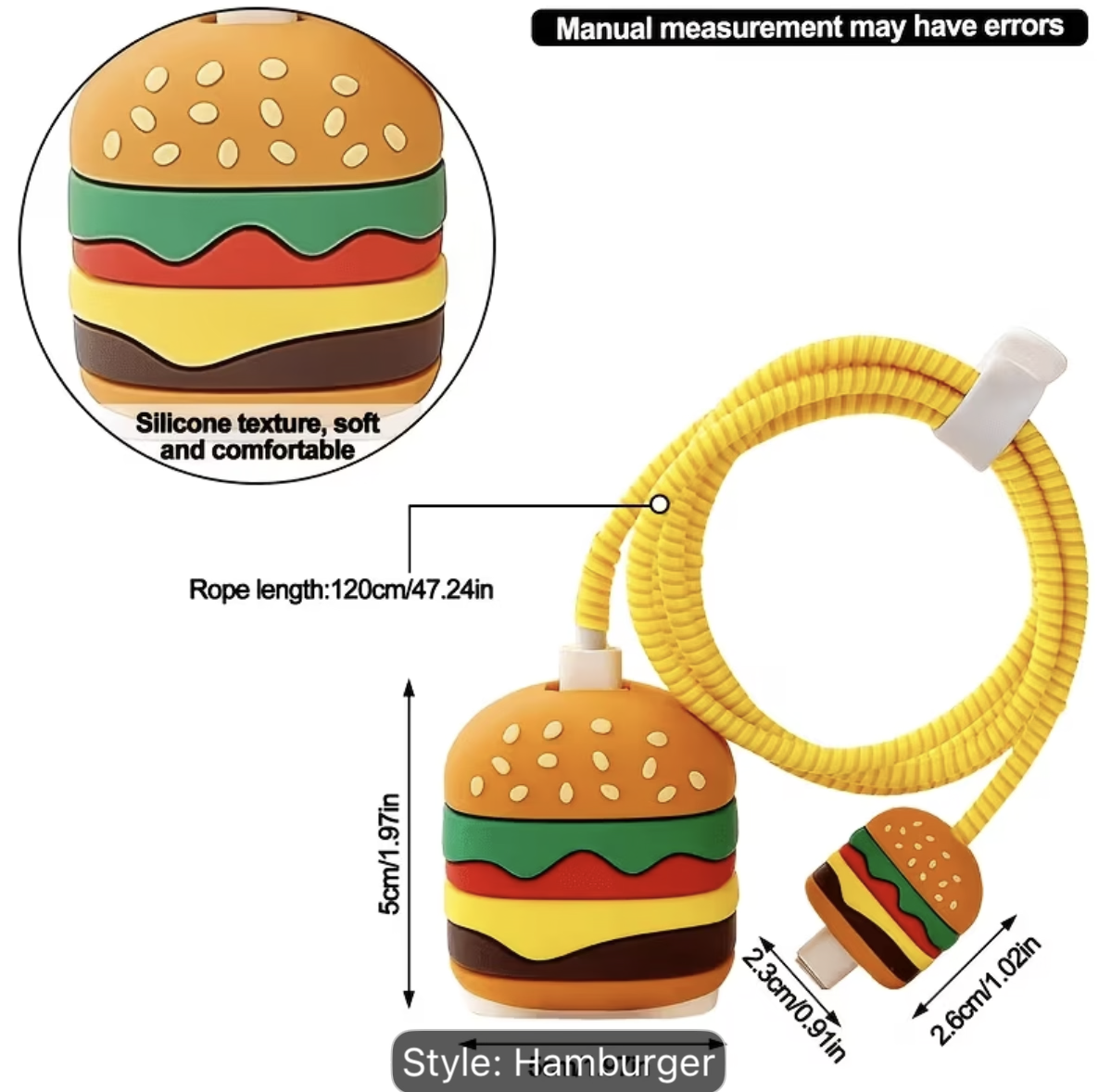 Burger iPhone 18W / 20W Charger Adapter Cover & Cable Protector Set – Cute burger themed Silicone Case