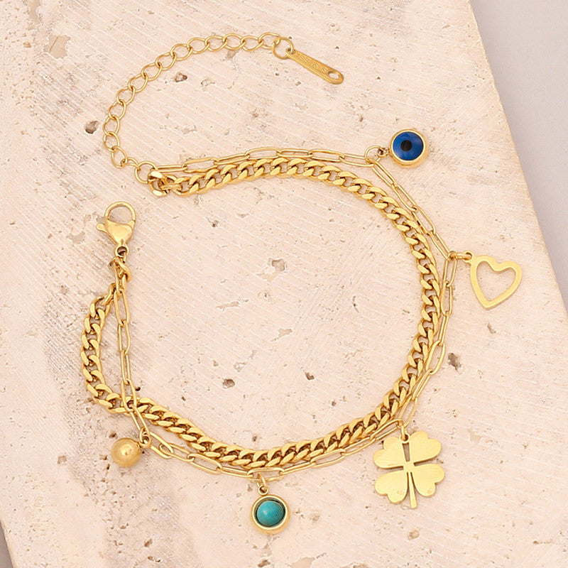 Anti Tarnish Clover themed Evil Eye Wraparound Bracelet