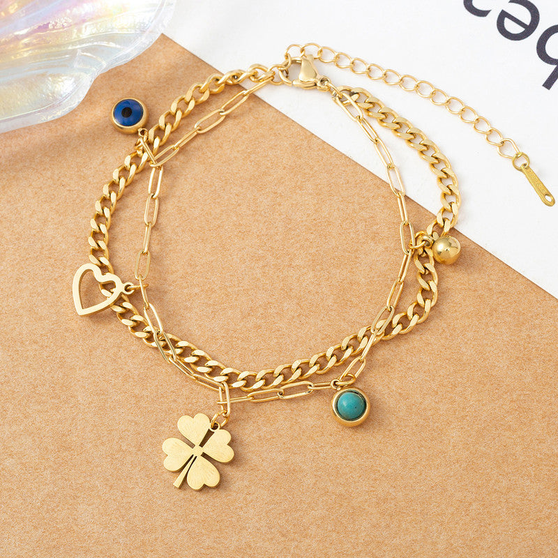 Anti Tarnish Clover themed Evil Eye Wraparound Bracelet