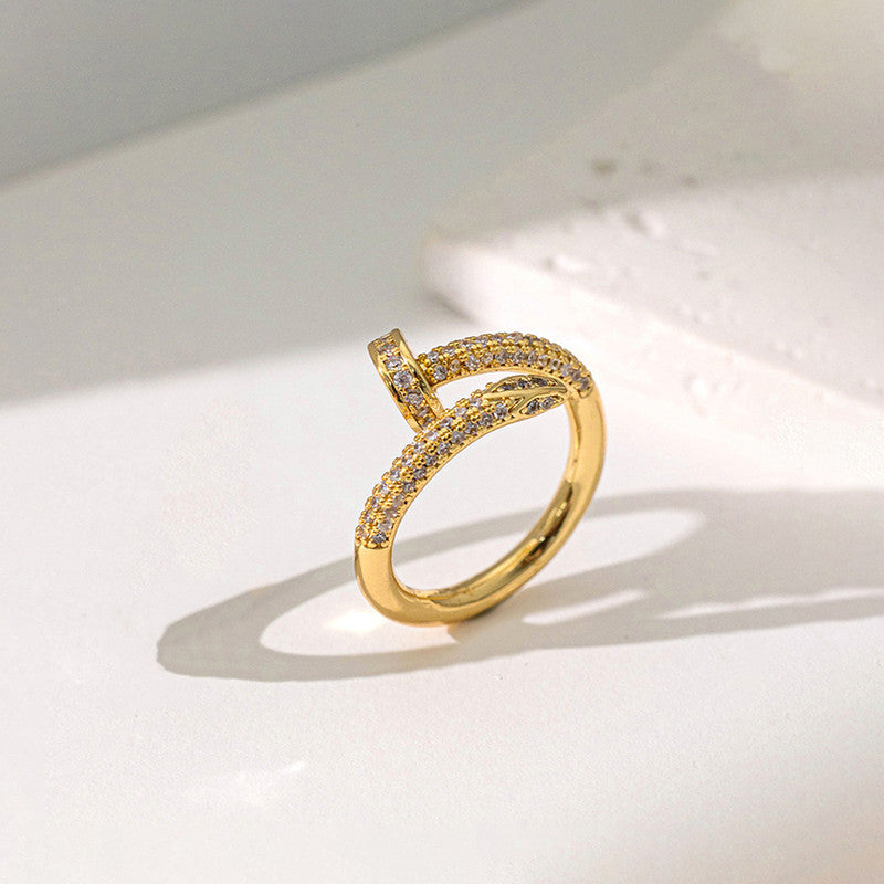 Anti Tarnish Stainless Steel Nail Shaped AD Studded Adjustable Finger Ring