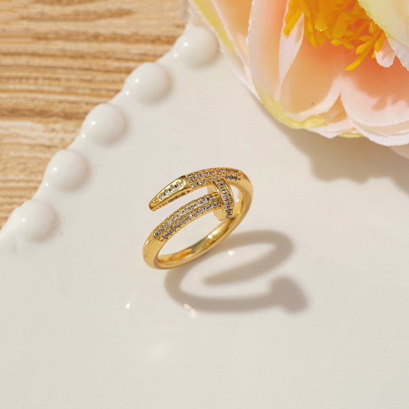Anti Tarnish Stainless Steel Nail Shaped AD Studded Adjustable Finger Ring