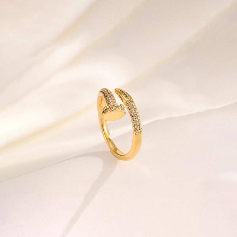 Anti Tarnish Stainless Steel Nail Shaped AD Studded Adjustable Finger Ring